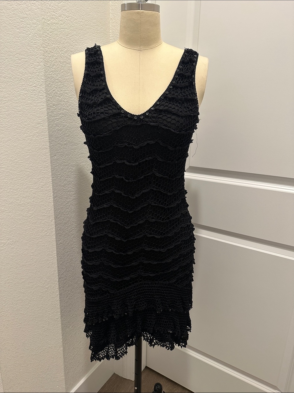 Black Crochet Sleeveless Dress knit sequin y2k 90s vintage mini euro